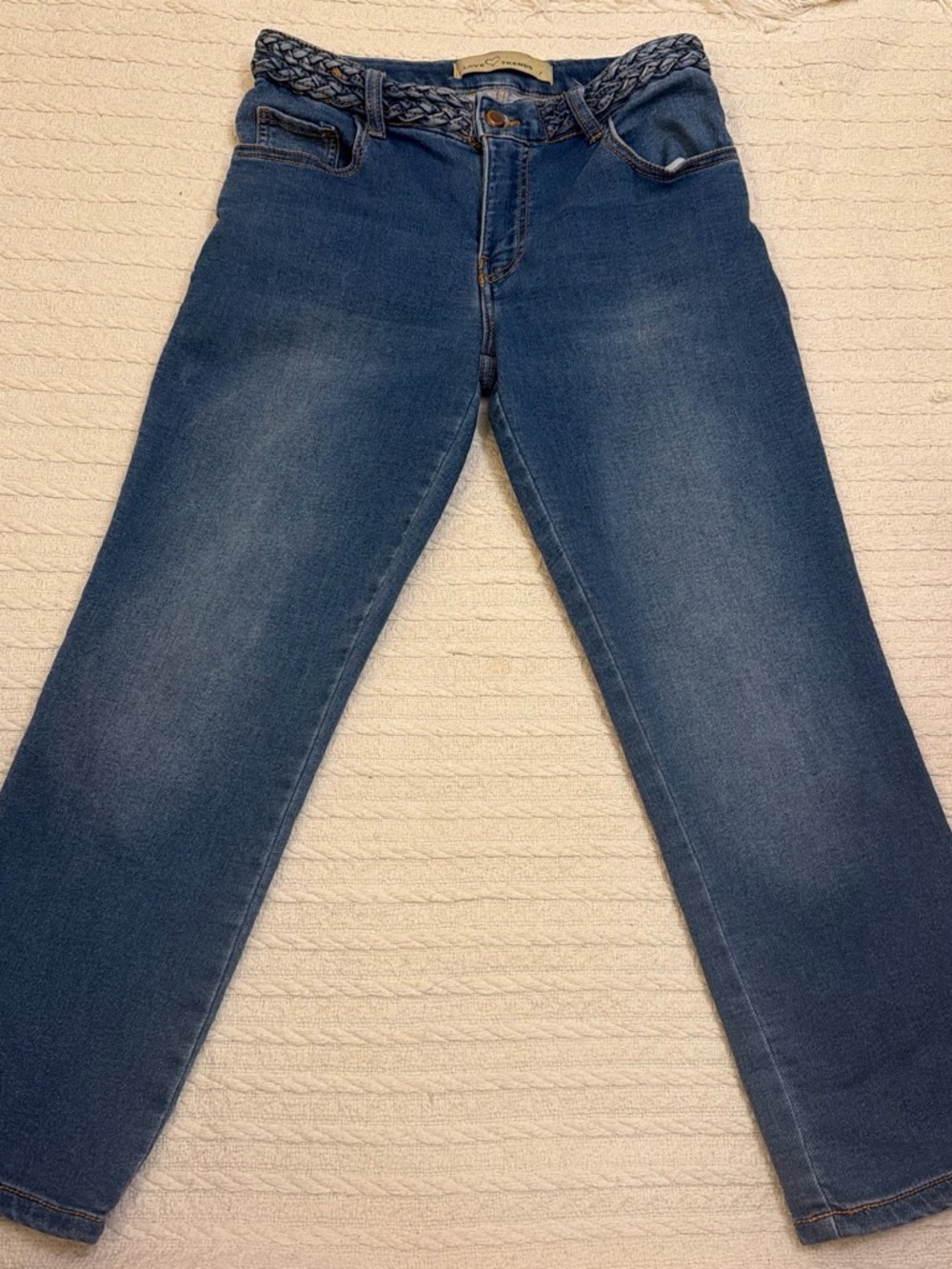 High-Rise Blue Denim Capris with Braided Waist